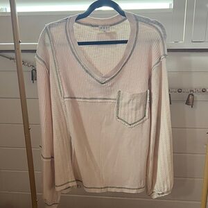 POL pale pink with green accents V-Neck Top with Pocket